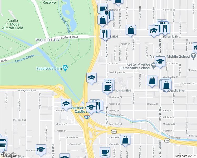 map of restaurants, bars, coffee shops, grocery stores, and more near 15323 Weddington Street in Los Angeles