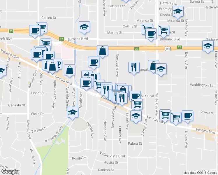 map of restaurants, bars, coffee shops, grocery stores, and more near 5301 Newcastle Avenue in Los Angeles