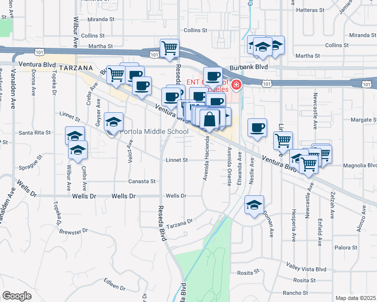 map of restaurants, bars, coffee shops, grocery stores, and more near 18434 Sunny Lane in Los Angeles