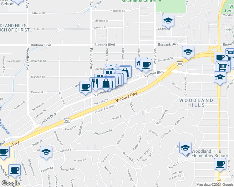 map of restaurants, bars, coffee shops, grocery stores, and more near 22634 Ventura Boulevard in Los Angeles