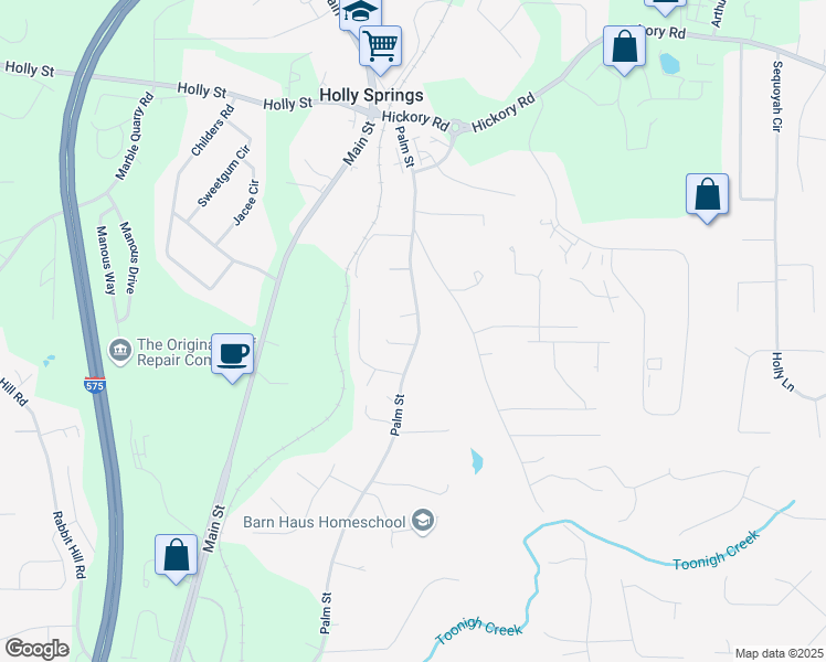 map of restaurants, bars, coffee shops, grocery stores, and more near 542 Palm Street in Holly Springs