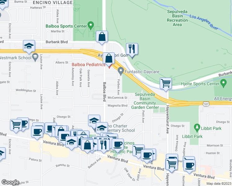 map of restaurants, bars, coffee shops, grocery stores, and more near 16816 Halper Street in Los Angeles