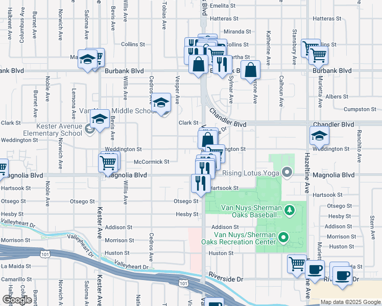 map of restaurants, bars, coffee shops, grocery stores, and more near 14526 Weddington Street in Los Angeles