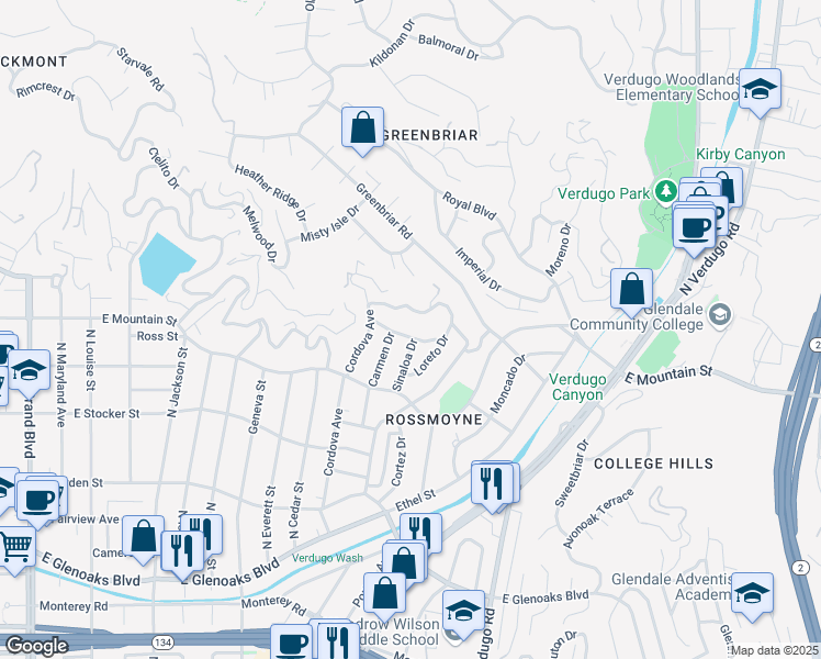 map of restaurants, bars, coffee shops, grocery stores, and more near 1111 Hillcroft Road in Glendale
