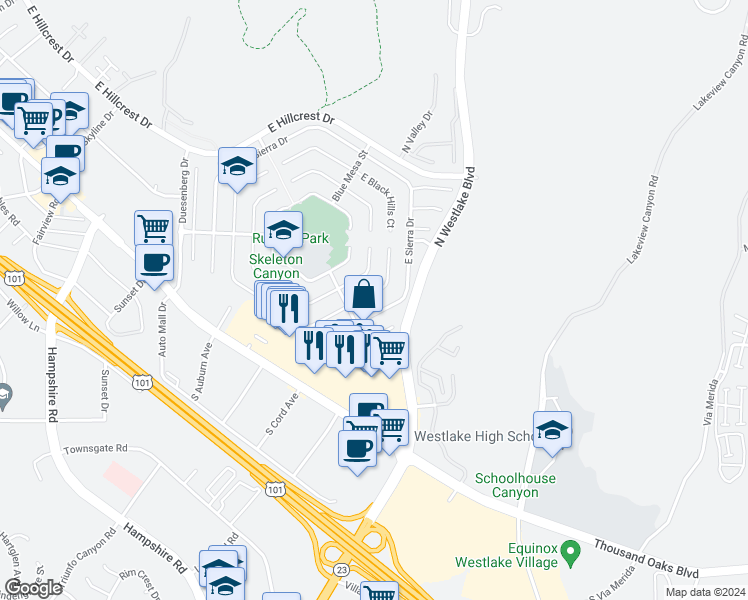 map of restaurants, bars, coffee shops, grocery stores, and more near 2856 Great Smokey Court in Westlake Village