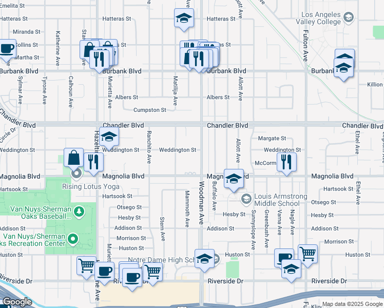 map of restaurants, bars, coffee shops, grocery stores, and more near 5251 Woodman Avenue in Los Angeles