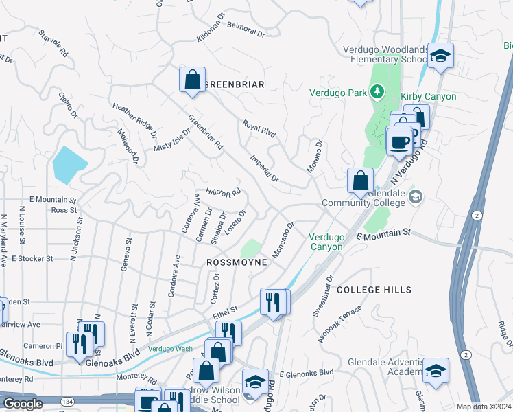 map of restaurants, bars, coffee shops, grocery stores, and more near 1111 Hillcroft Road in Glendale