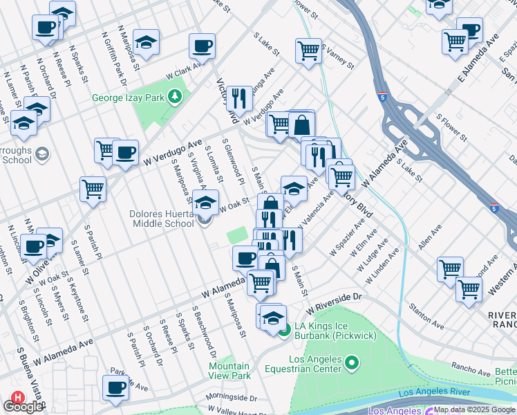map of restaurants, bars, coffee shops, grocery stores, and more near 913 West Oak Street in Burbank
