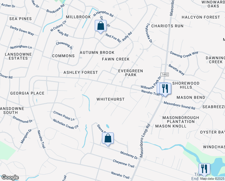 map of restaurants, bars, coffee shops, grocery stores, and more near 4108 Whitehurst Drive in Wilmington