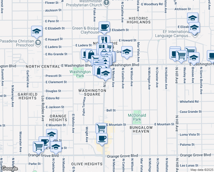 map of restaurants, bars, coffee shops, grocery stores, and more near 1269 North Lake Avenue in Pasadena