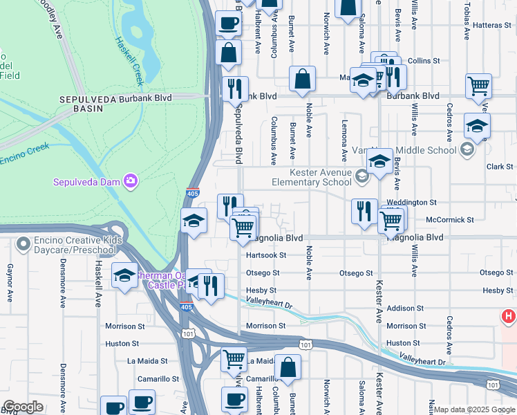 map of restaurants, bars, coffee shops, grocery stores, and more near 15225 Magnolia Boulevard in Los Angeles