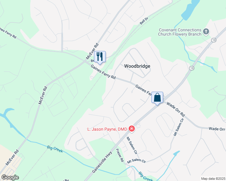 map of restaurants, bars, coffee shops, grocery stores, and more near 6157 Orville Drive in Flowery Branch