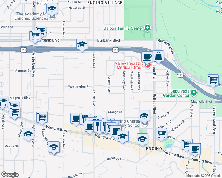 map of restaurants, bars, coffee shops, grocery stores, and more near 17150 Weddington Street in Los Angeles