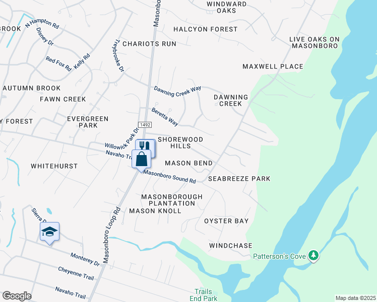 map of restaurants, bars, coffee shops, grocery stores, and more near 206 Shorewood Hills Drive in Wilmington