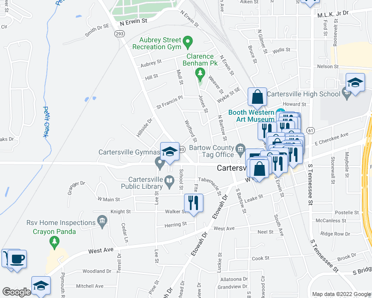 map of restaurants, bars, coffee shops, grocery stores, and more near 15 Cassville Road in Cartersville