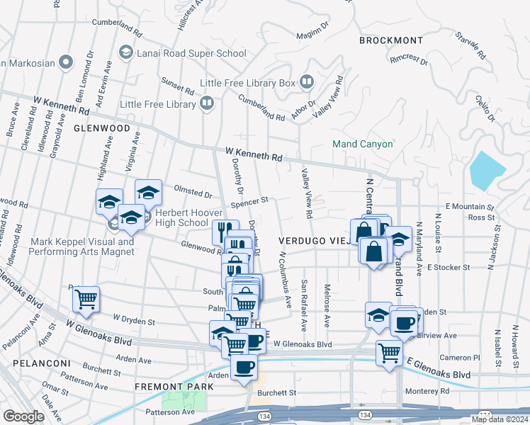 map of restaurants, bars, coffee shops, grocery stores, and more near 1333 Valley View Road in Glendale