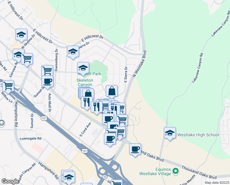 map of restaurants, bars, coffee shops, grocery stores, and more near 2856 Great Smokey Court in Westlake Village