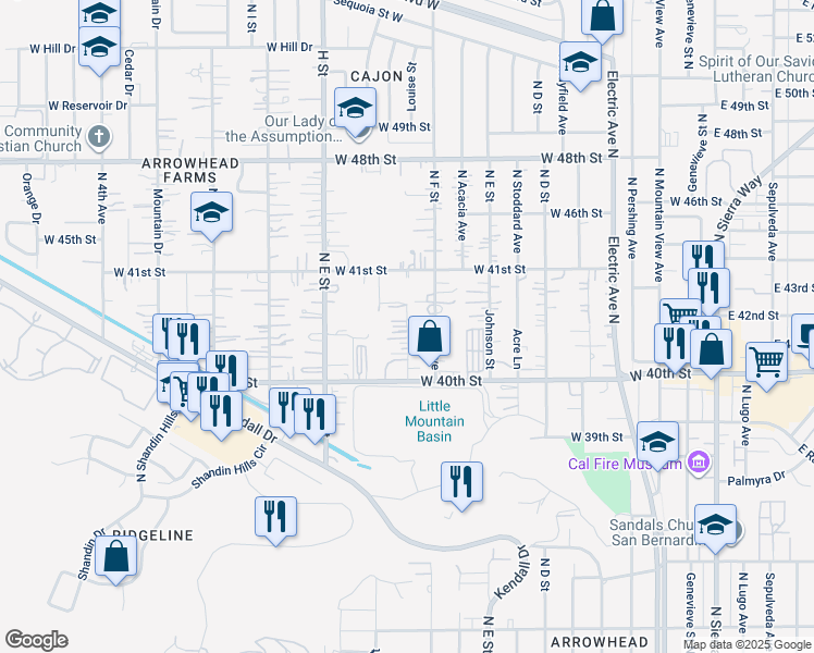 map of restaurants, bars, coffee shops, grocery stores, and more near Cottage Drive in San Bernardino