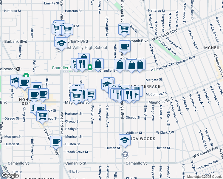 map of restaurants, bars, coffee shops, grocery stores, and more near 5726 Cartwright Avenue in Los Angeles