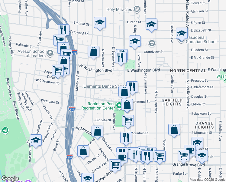 map of restaurants, bars, coffee shops, grocery stores, and more near 70 West Claremont Street in Pasadena