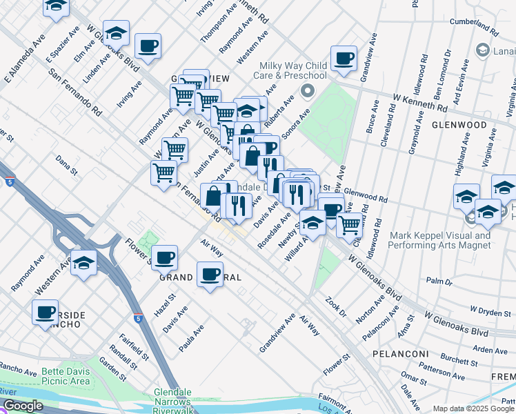 map of restaurants, bars, coffee shops, grocery stores, and more near 1046 Grover Avenue in Glendale