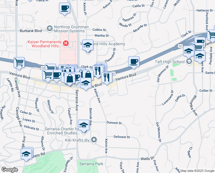 map of restaurants, bars, coffee shops, grocery stores, and more near 20700 Ventura Boulevard in Los Angeles
