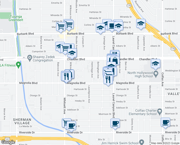 map of restaurants, bars, coffee shops, grocery stores, and more near 5257 Bainbridge Place in Los Angeles
