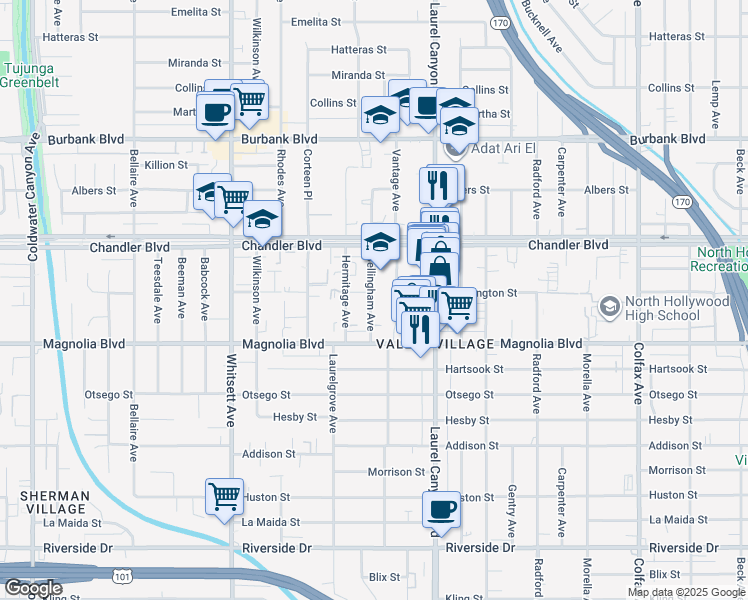 map of restaurants, bars, coffee shops, grocery stores, and more near 5619 Bellingham Avenue in Los Angeles