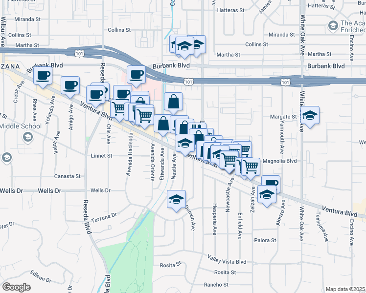 map of restaurants, bars, coffee shops, grocery stores, and more near 5300 Garden Grove Avenue in Los Angeles
