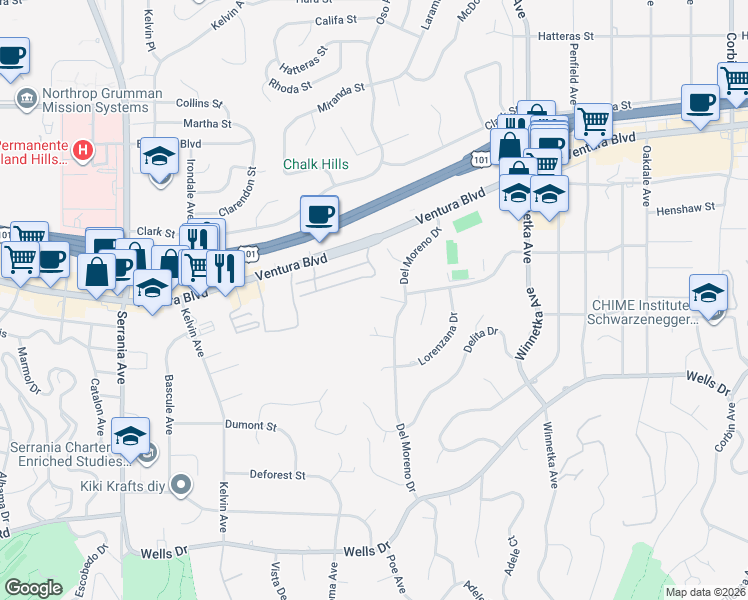 map of restaurants, bars, coffee shops, grocery stores, and more near 20330 Del Campo Place in Los Angeles