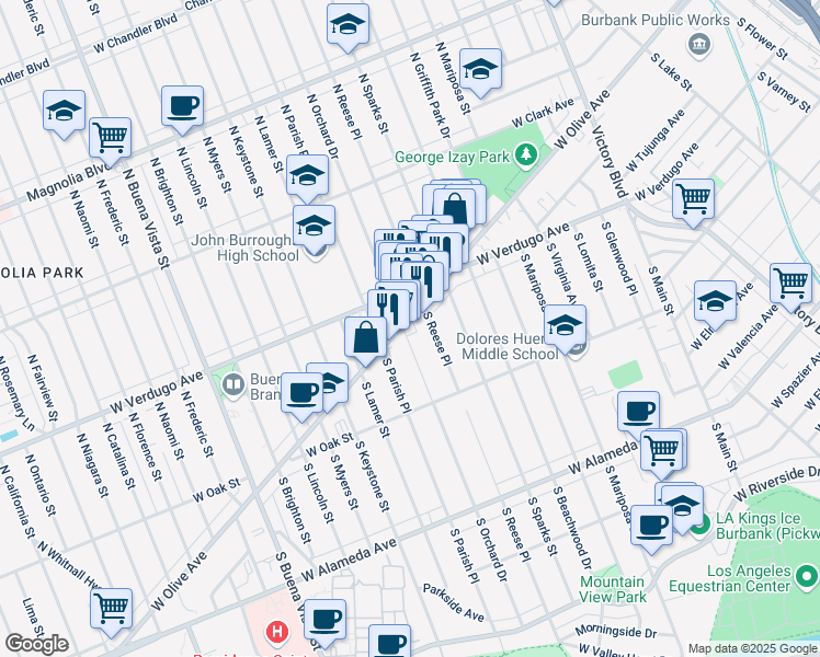 map of restaurants, bars, coffee shops, grocery stores, and more near 1700 West Olive Avenue in Burbank