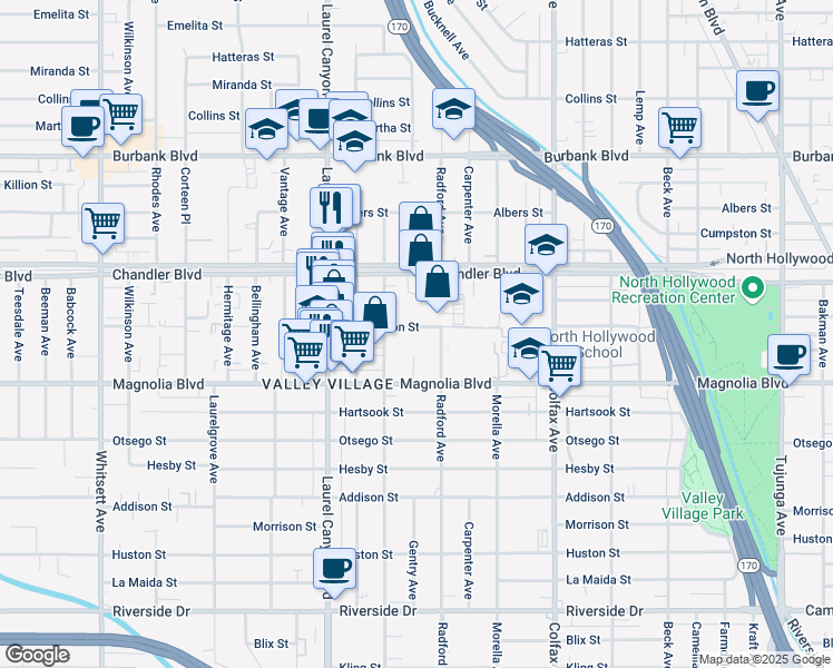 map of restaurants, bars, coffee shops, grocery stores, and more near 11941 Weddington Street in Los Angeles