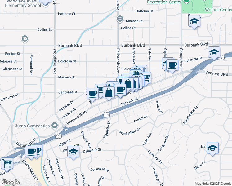 map of restaurants, bars, coffee shops, grocery stores, and more near 5320 Fallbrook Avenue in Los Angeles