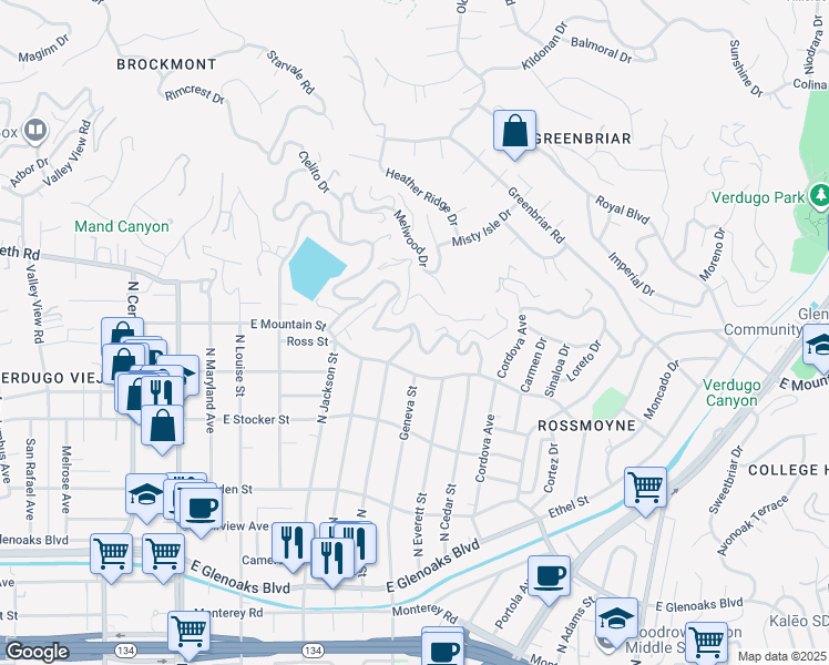 map of restaurants, bars, coffee shops, grocery stores, and more near 767 Cavanagh Road in Glendale