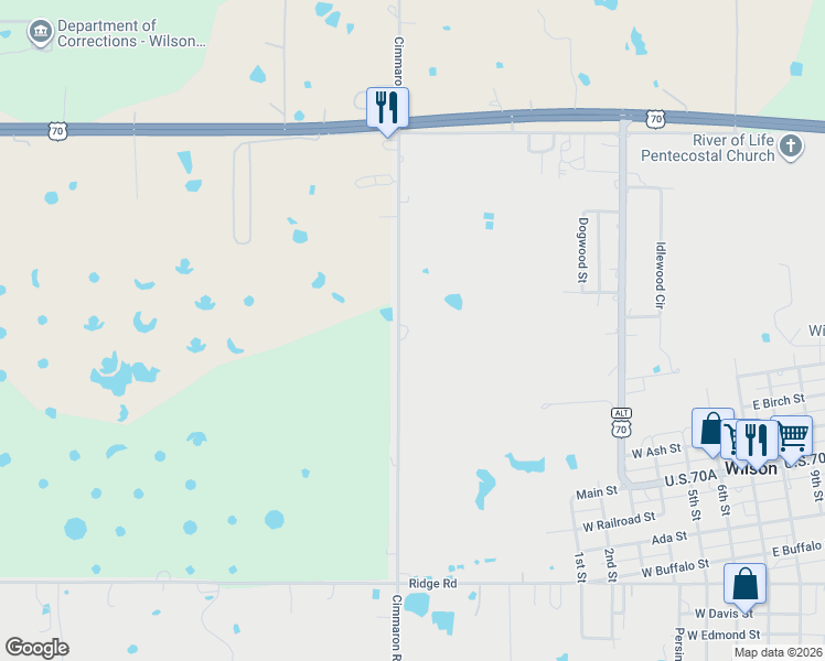 map of restaurants, bars, coffee shops, grocery stores, and more near 1550 Cimmaron Road in Wilson