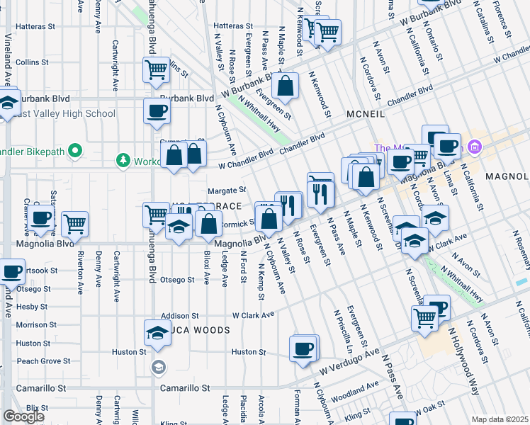 map of restaurants, bars, coffee shops, grocery stores, and more near 1031 North Valley Street in Burbank