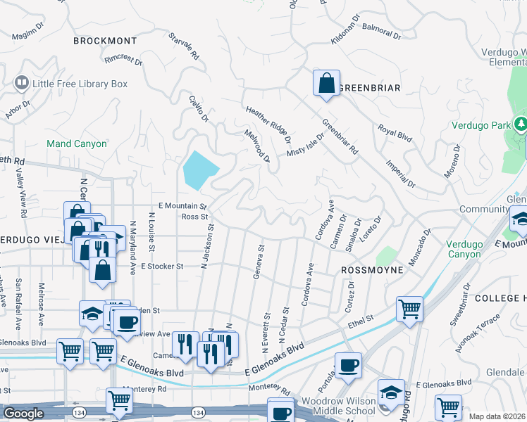 map of restaurants, bars, coffee shops, grocery stores, and more near 849 Cavanagh Road in Glendale