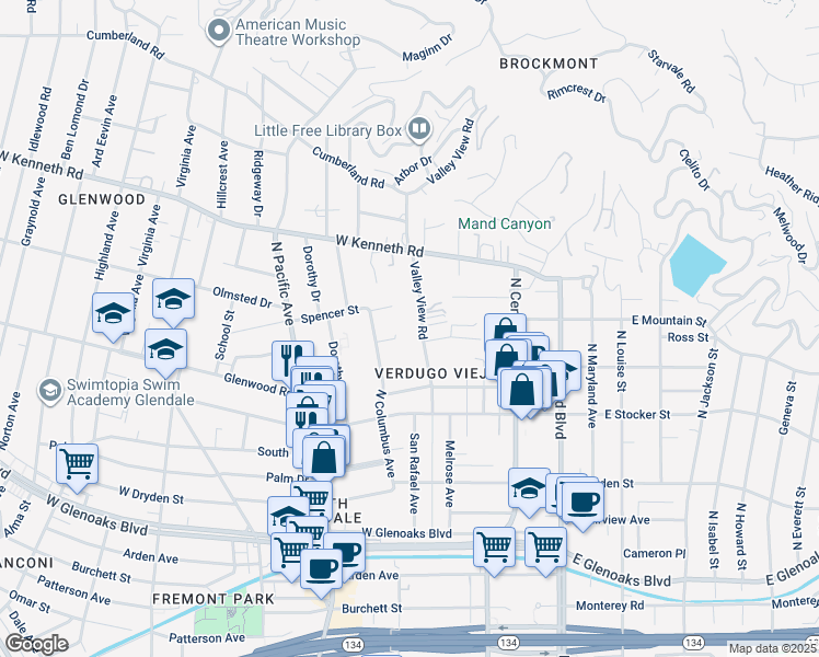 map of restaurants, bars, coffee shops, grocery stores, and more near 1333 Valley View Road in Glendale