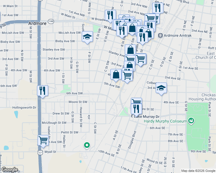 map of restaurants, bars, coffee shops, grocery stores, and more near 426 B Street Southwest in Ardmore