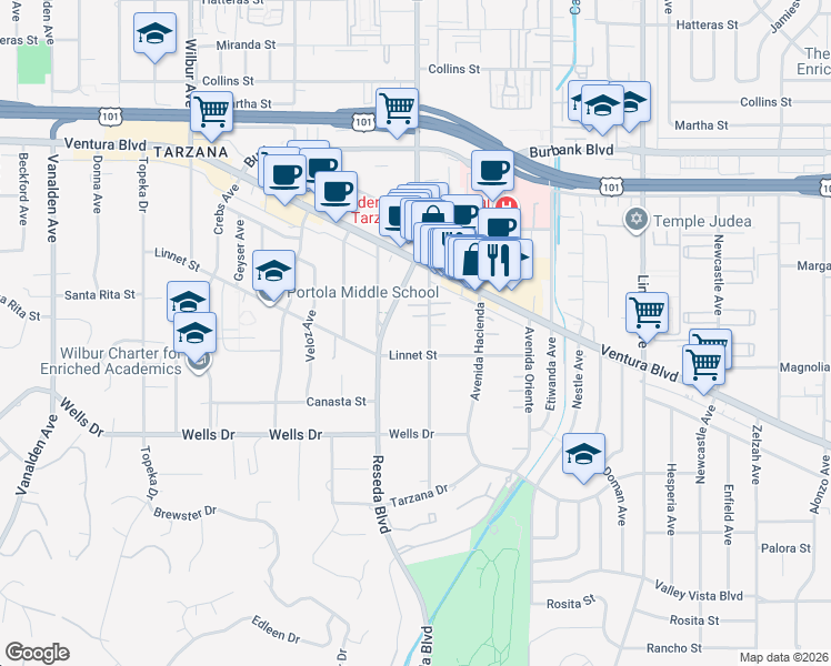 map of restaurants, bars, coffee shops, grocery stores, and more near 18509 Sophia Lane in Los Angeles