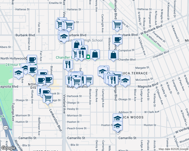map of restaurants, bars, coffee shops, grocery stores, and more near 5314 Riverton Avenue in Los Angeles