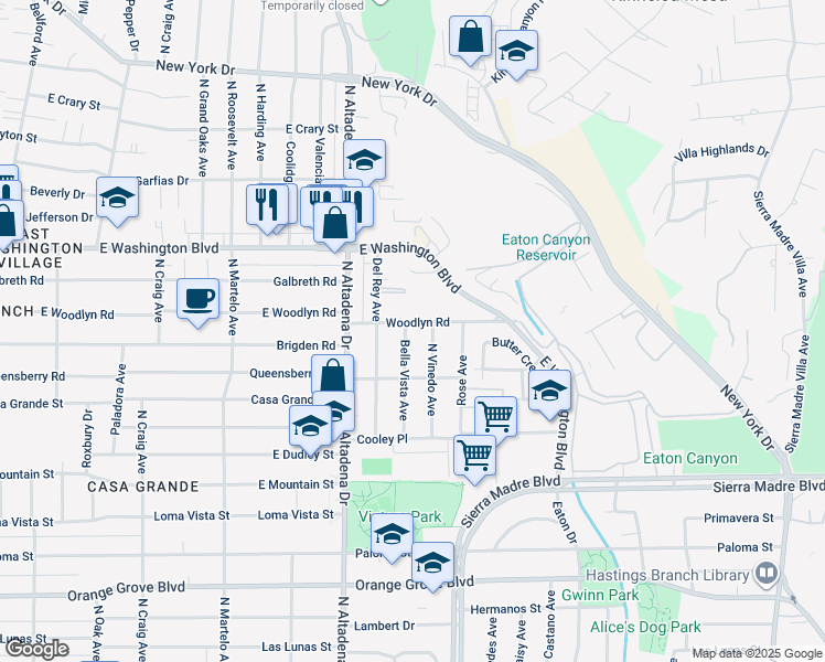 map of restaurants, bars, coffee shops, grocery stores, and more near 1174 Bella Vista Avenue in Pasadena