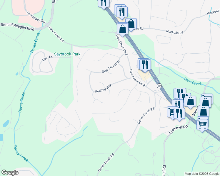 map of restaurants, bars, coffee shops, grocery stores, and more near 1470 Redbud Way in Cumming