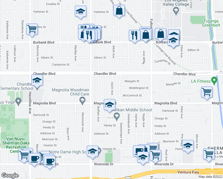 map of restaurants, bars, coffee shops, grocery stores, and more near 5312 Allott Avenue in Los Angeles