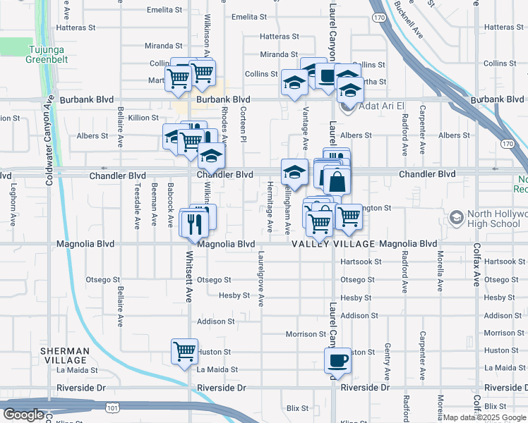 map of restaurants, bars, coffee shops, grocery stores, and more near 5257 Bainbridge Place in Los Angeles