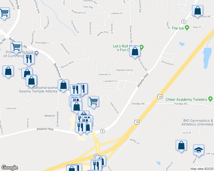 map of restaurants, bars, coffee shops, grocery stores, and more near 2420 Keenland Court in Cumming