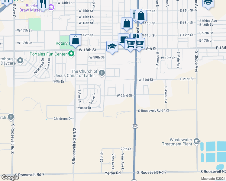 map of restaurants, bars, coffee shops, grocery stores, and more near 2111 Dove Lane in Portales
