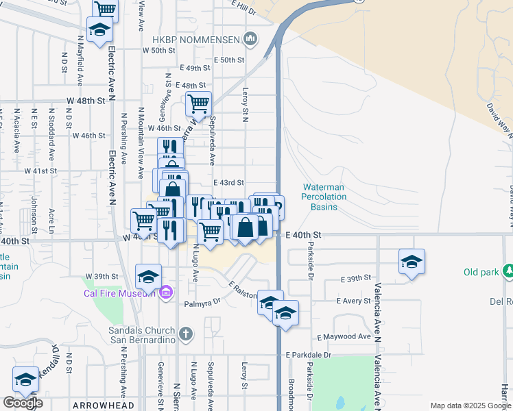 map of restaurants, bars, coffee shops, grocery stores, and more near 256 East 42nd Street in San Bernardino