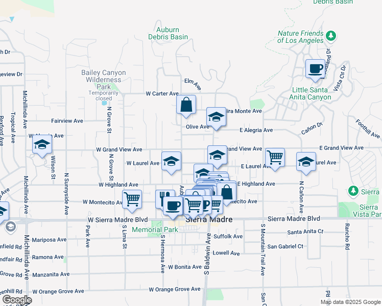 map of restaurants, bars, coffee shops, grocery stores, and more near 81 West Grand View Avenue in Sierra Madre