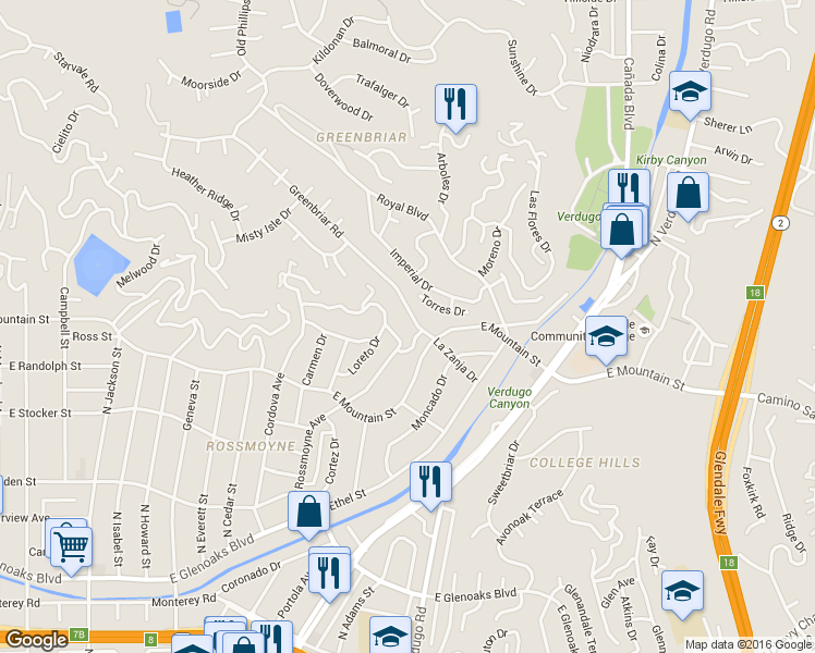 map of restaurants, bars, coffee shops, grocery stores, and more near 1334 Greenbriar Road in Glendale
